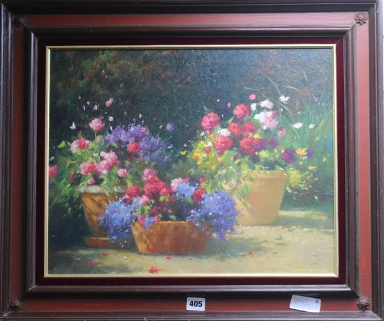 Oil on board, garden scene with flower troughs, 39.5 x 49cm, together with an oil on board, still life of fruit, 30 x 41cm